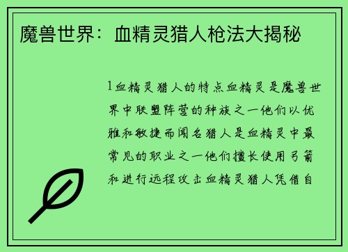 魔兽世界:血精灵猎人枪法大揭秘