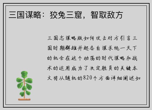 三国谋略：狡兔三窟，智取敌方